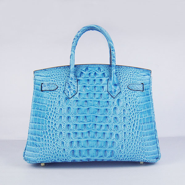 Replica Hermes Birkin 30CM Crocodile Head Veins Bag Light Blue 6088 On Sale